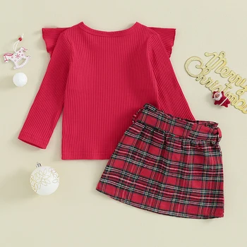 Осенне-зимние наряды для маленьких девочек, вязаные свитера с длинными рукавами, топы, юбка в клетку, Рождественская одежда
