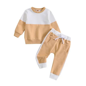 Осенние наряды для маленьких мальчиков контрастного цвета, свитшоты с круглым вырезом и длинными рукавами и длинные брюки, комплект одежды из 2 предметов от 0 до 3 лет