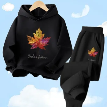 Осенний спортивный костюм с принтом кленовых листьев, Толстовка + брюки для мальчиков, модный пуловер, комплект удобной детской одежды для бега трусцой