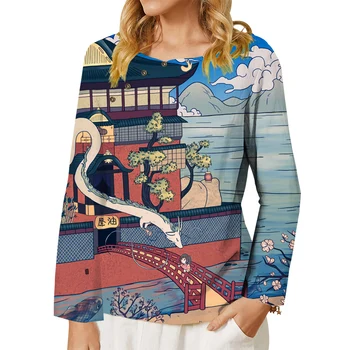 Осенняя женская футболка CLOOCL, футболка с длинным рукавом, жанровая картина с драконом, пуговицы с 3D-принтом, футболка с круглым вырезом, топы Оверсайз
