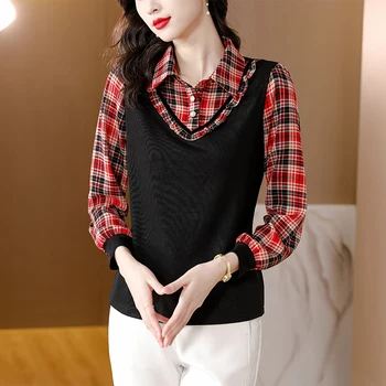Осенняя новая поддельная клетчатая блузка из двух частей, женский топ, тонкие винтажные рубашки с длинным рукавом, женская одежда