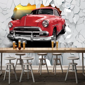 Пользовательские Фотообои Европейский Ретро Автомобиль Сломанная Стена Искусство 3D Кирпичная Фреска Бумага Ресторан Бар Фон Творческое Украшение