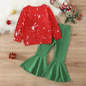Рождественская одежда для маленьких девочек, толстовка с длинным рукавом и буквенным принтом, расклешенные брюки, комплекты осенней одежды