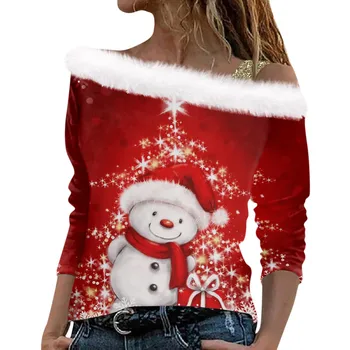Рождественская сексуальная женская футболка, красные рубашки с принтом для женщин, элегантный свободный пуловер с длинным рукавом, футболки с открытыми плечами, топы 2023 года выпуска