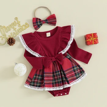 Рождественские наряды для маленьких девочек из 2 предметов, Платье-комбинезон с мультяшным принтом с оборками и повязкой на голову, Комплект Боди для новорожденных, Одежда для