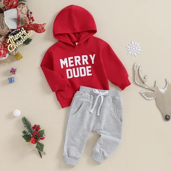 Рождественский наряд для новорожденного мальчика с буквенной надписью, толстовка, пуловер, штаны для бега трусцой, Осенне-зимние наряды для малышей