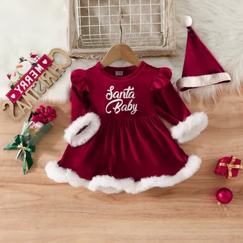Рождественское платье для новорожденных девочек, Плюшевое Осенне-зимнее платье-комбинезон с длинными рукавами, платья для маленьких девочек Санта-Клауса
