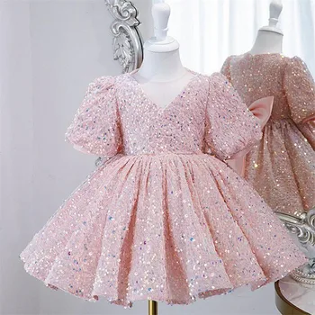 Розовое платье для маленьких девочек, пышные платья с большим бантом для девочек, платье для причастия, пачка длиной до колен, платья в цветочек для девочек, детское праздничное платье
