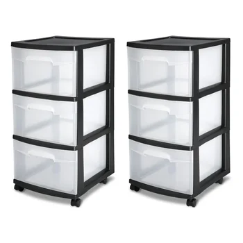 Тележка с 3 выдвижными ящиками Пластиковая, черная, Комплект из 2 ящиков для хранения обувной коробки