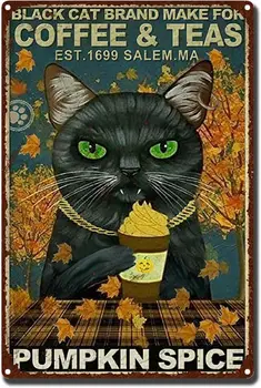 Черная Кошка для приготовления Кофе TeasPumpkin Spice 8x12 дюймов Жестяная Вывеска Cat Жестяная Вывеска Halloween Coffee Cat Металлическая Вывеска для Декора Кафе-бара