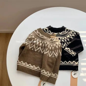 Шерстяной свитер для мальчиков, вязаный крючком, хлопчатобумажное вязание 2023, модная теплая бархатная зимняя осенняя ветрозащитная детская одежда