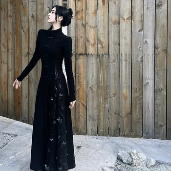 Элегантное женское платье черного цвета в готическом китайском стиле Cheongsam с длинным рукавом Slim Y2K Высокого качества для вечеринок, новые модные повседневные платья 2023 года