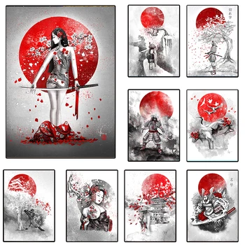 Японская дзэн Живопись тушью Художественные плакаты Картины на холсте Samurai Moon Koi Maid Kanji Настенные художественные принты Украшения Kawaii Room Decor